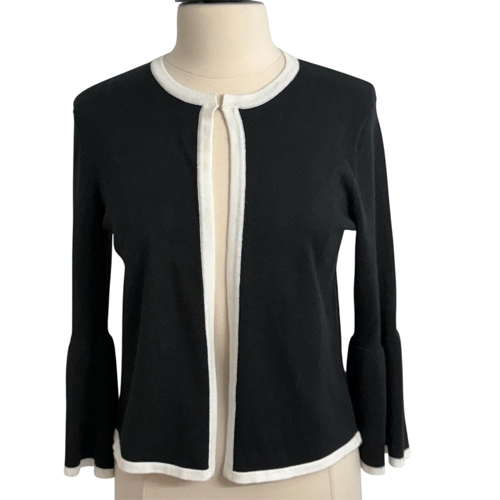 Cable & Gauge Knit Luxe‎ Open Front Cardigan with Bell Sleeves, Black and White